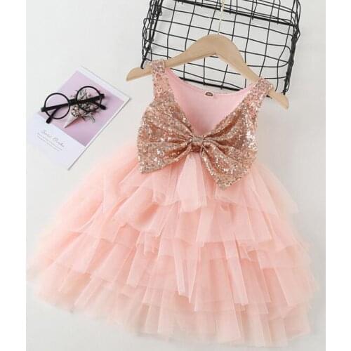 New 2021 Summer Baby Girls Sequined Back Bow Vest Mesh Cake Dress , Girls Princess Sweet Clothes 6 pieces/lot