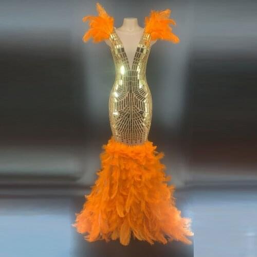 Gold Rhinestones Orange Feather Dress Womens Birthday Celebrate Long Dress Evening Party Women Bar Singer Sexy Dress
