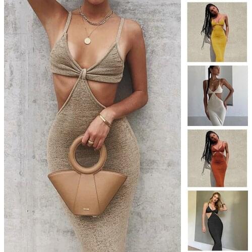 2021 Summer Solid Knit Bodycon Party Dresses For Women One Piece Vocation Elegant Sexy Cut Out Backless Spaghetti Strap Dress