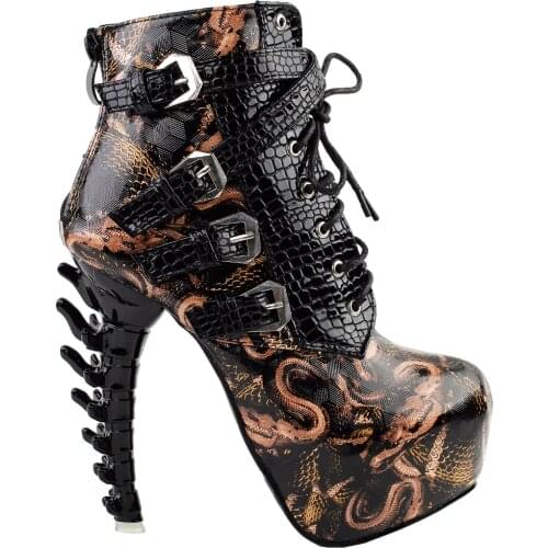 LF80648 Sexy Punk Design Brown Snake Pattern Bone High Heel Platform Ankle Boots Black