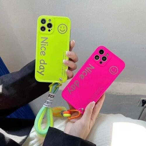 Fluorescent green rose red cartoon smiling face hand strap phone case for iPhone12p 12 11p phone case iPhone 7 8 X XS back cover