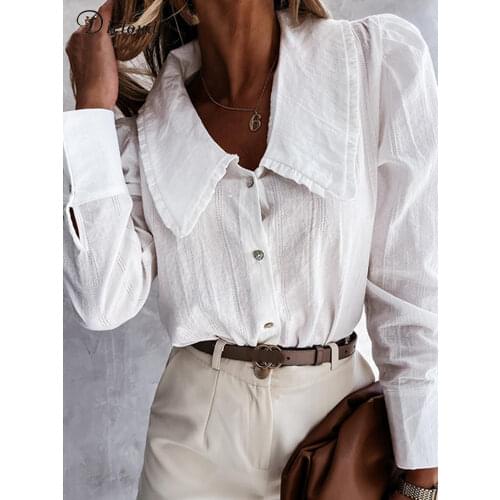 DICLOUD White Vintage Cotton Shirts Women Long Sleeve Fall Autumn Elegant Hollow Out Blouses Turn Down Collar Fashion Tops 2021