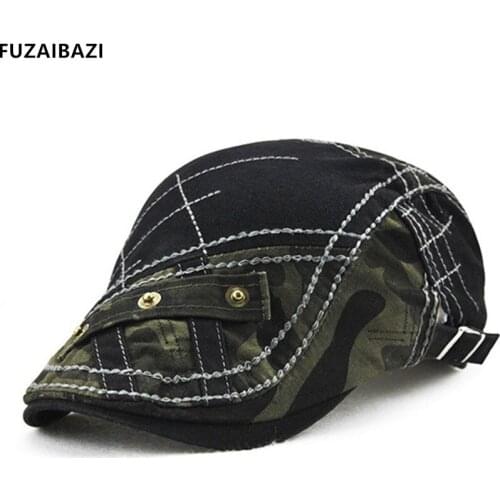 FUZAIBAZI Fashion New Mens Berets Adjustable Embroidered Stitching Camouflage Patch Tongue Cap Leisure Travel Riding SunHat