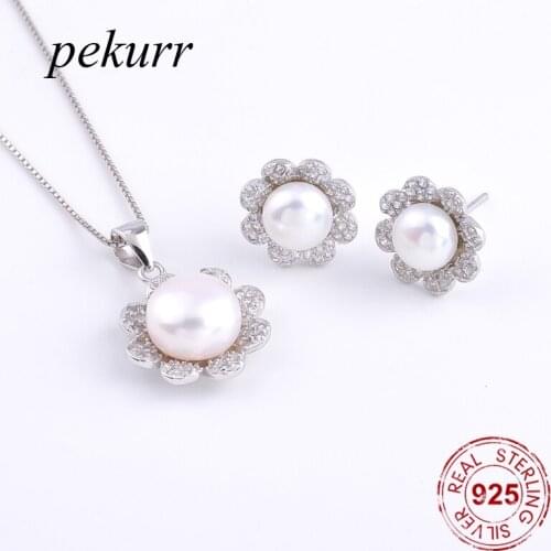 Pekurr 925 Sterling Silver Zircon Petal Sunflower Freshwater Natural Pearl Earrings Necklace Sets For Women Pendant Jewelry Set