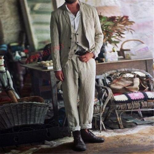 2020 Summer Suit Men Slim Fit 3 Pieces Linen Beach Men Suits for Wedding Casual Blazer Dress Groom Tuxedo Jacket Vest Pants Set