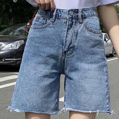 Summer Women Casual Shorts Solid Color High Waist Loose Pockets Half Denim Shorts Straight Stylish Wide legs Short Female Jeans