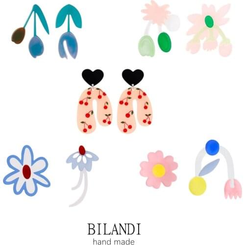 Bilandi Fashion Jewelry Candy Resin Earrings Spring Summer Style Asymmetrical Geometric Flower Acetate Earrings For Sweet Girl
