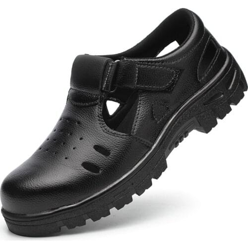 Big size mens casual summer safety shoes genuine leather steel toe cover shoe worker sandals security work boots mans seguridad