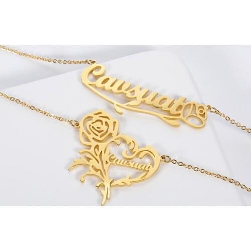 Romantic Rose Heart Name Necklace For Women Gold Stainless Steel Chain Personalized Nameplate Pendant Necklaces Party Gift
