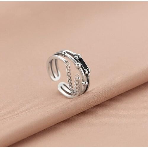 S925 Knuckle Geometric Rectangle Rings Finger With Chain Tassel Half Open Adjustable Black Glue Midi Ring For Women Gift