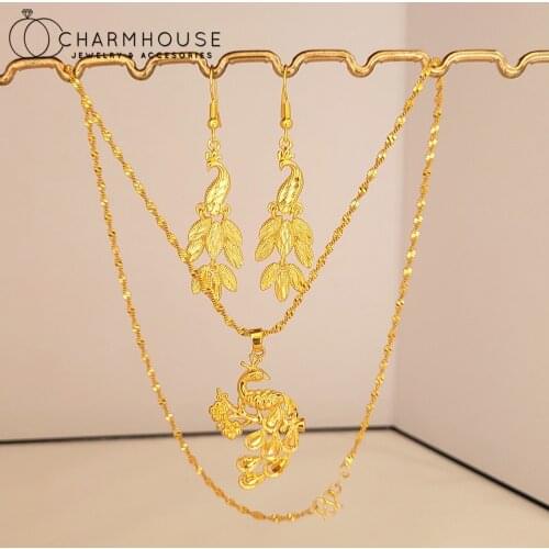 24K Yellow Gold Color Jewelry Set For Women Peacock Pendant Necklace Earrings 2pcs Wedding Jewelry Set Accessories Party Gifts