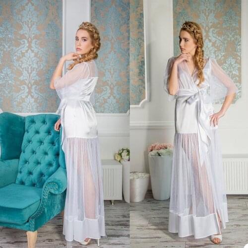 Polka dot mesh Bathrope Satin & Tulle Womens Sleepwear Ladies Bride Robes with Sash Tulle Nightwear