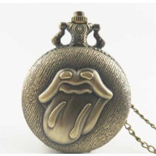 Vintage bronze Cartoon characters lips Flip clock woman and men Necklace pocket watches gift
