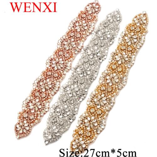 WENXI 1PCS Handmade Rhinestones Appliques Sewing On For Wedding Dress Belt Rose Gold Clear Crystal Rhinestones Accessory WX832