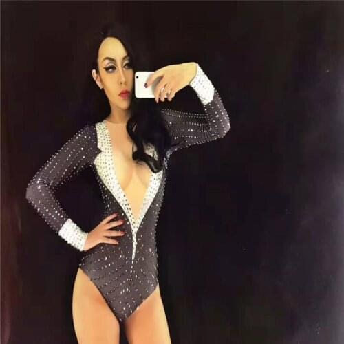 Y86 Sexy female pole dance dress rhinestone bodysuit dj short jumpsuit black diamonds outfit stage costumes ballroom clothes dj