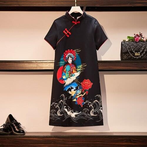 Chinese Cheongsam Style 2021 Womens Summer Black Dress Short Sleeve Pecking Opera Print Loose Vintage Female Dresses