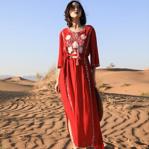 Jastie Bohemian Style Beach Dresses For Women Seaside Holiday Long Dress Autumn Retro Ethnic Embroidered Dress