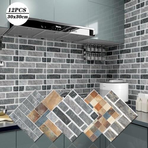 12Pcs/Set Retro Self-Adhesive Tile Sticker DIY Waterproof PVC Brick Wallpaper Home Kitchen Wall Decals