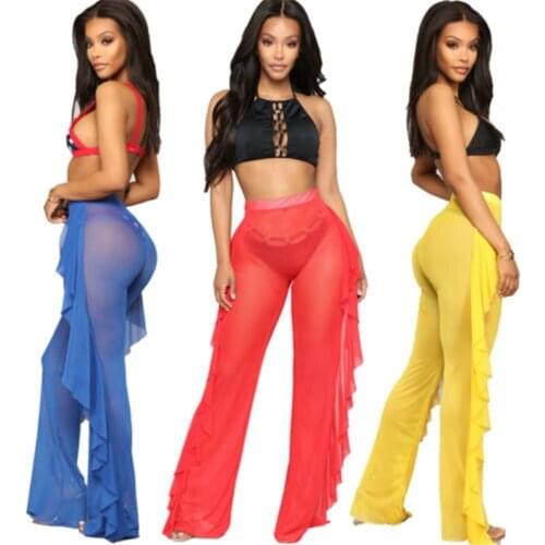 2019 Summer Ruffles Swim pants Women Solid Beach Mesh Sheer Bikini Cover Up Swimwear Bathing Suit Pant Trousers