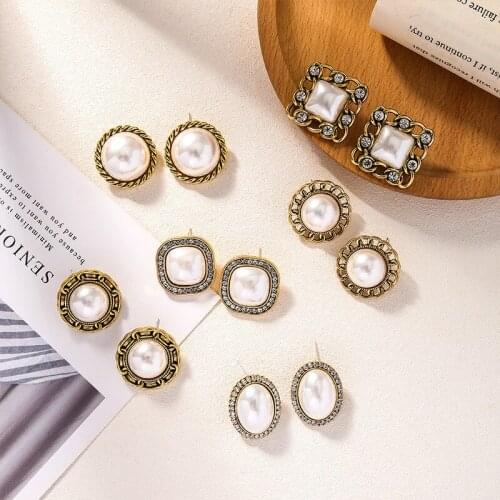 2021 New Vintage Big Round Oval Square Simulated Pearl Stud Earrings For Women Fashion Ear Accessories Temperament Party Brincos