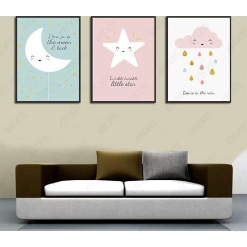 Abstract Wall Art Cartoon Paintings Lovely Shining Stars Moon and The Rain Canvas Posters Prints Living Room Bedroom Decoration