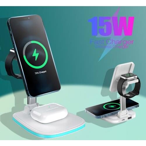 Qi Fast Wireless Charger LED Phone Charge Hold 15W Foldable Charging Station For Apple Airpods Watch 6 5 4 For iPhone 12 Pro Max