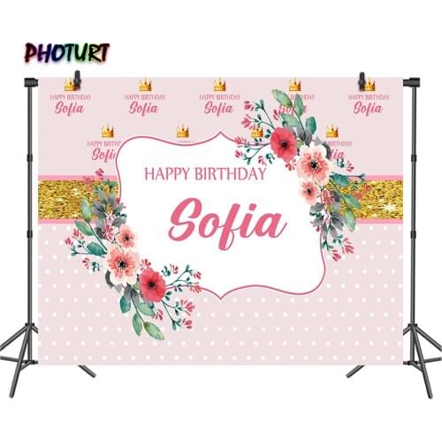 PHOTURT Pink Flower Backdrop Birthday Wedding Photography Background Crown Golden Stripes Polyester Vinyl Photo Studios Props