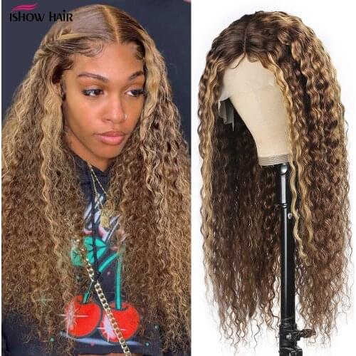 Ishow Highlight Kinky Curly Human Hair Wigs Transparent 13x4 Ombre Lace Front Human Hair Wigs Pre Plucked Ombre 4x4 Closure Wig