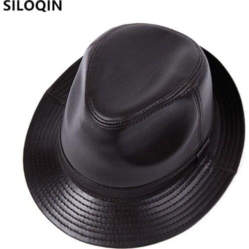 SILOQIN natural cowhide sheepskin leather fedoras british style casual genuine leather cap couple hat Jazz hat brand leather cap