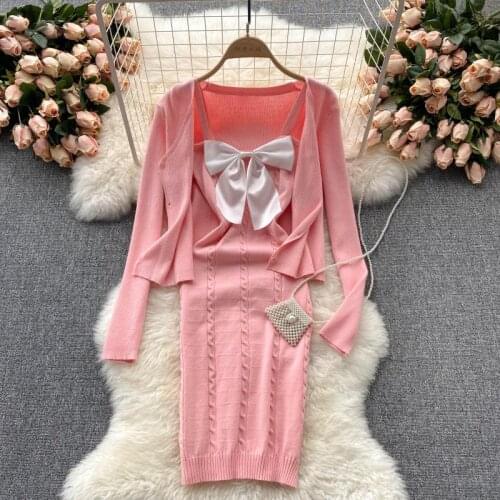 SINGREINY Women Autumn Winter Korean Knitted Set Long Sleeve Knit Cardigan+Sweet Bow Sexy Bodycon Strap Dress Two Piece Suits