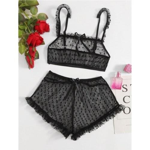 2PCS Women’s Sexy Lace Lingerie Sets Mesh Perspective Fashion Solid Color See-Through Sleeveless Top and High Waist Panties