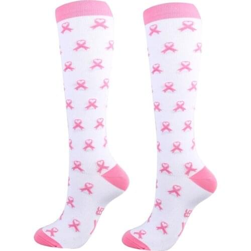 Women Men AIDS Logo Awareness Compression Socks Pink Ribbon Printed Knee High Soft Sport Running Tube Stockings Hosiery