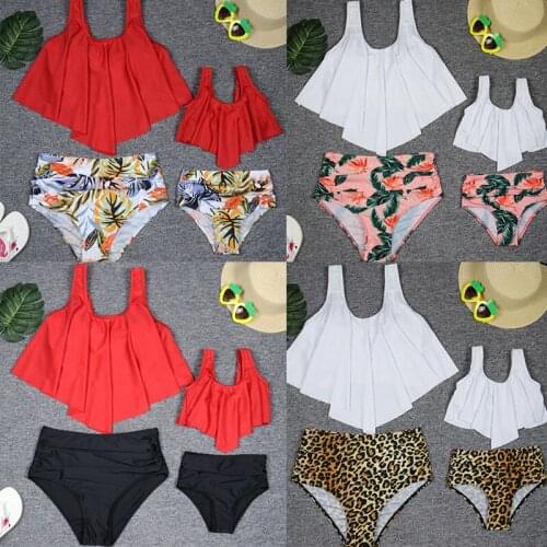 Womens Swimwear 2021 New Mother And Daughter Print High Waist Bikini Beach Swimsuit For Girls Lotus Leaf Lace Parent-Child Set