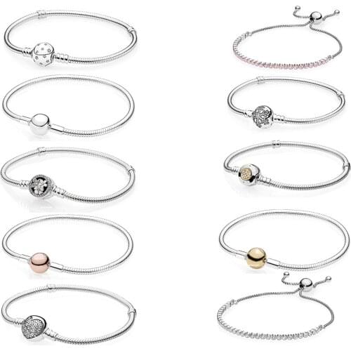 Fashion Jewelry S925 Silver Moments Poetic Blooms Clasp Snake. Heart. Round Chain Bracelet Original Womens