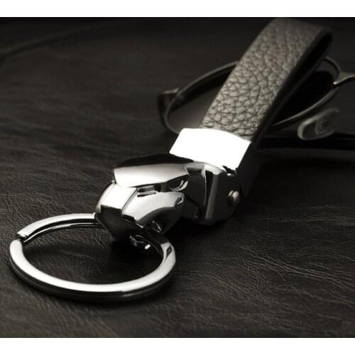 Stainless Steel Metal Leopard Head Leather Keychain For Man Women Keyrings Holder Car Black Keychains High Quality Gift Q-003