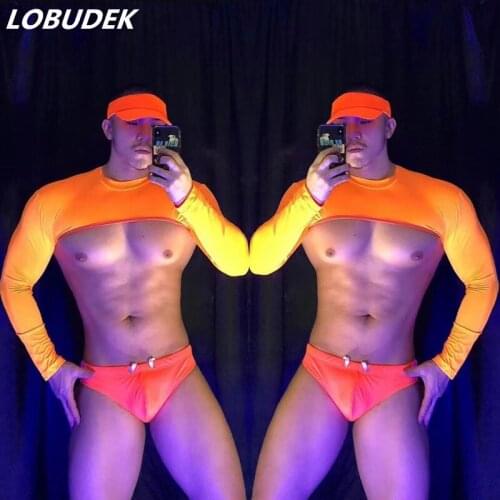 Nightclub Party Show Sexy Stage Wear DJ Muscle Male Dancer Team Gogo Costume Fluorescence Green Tops Shorts Performance Clothes