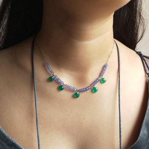 Lii Ji Genuine Stone Tanzanite Green Onyx Charms 9K GF Chain Necklace Delicated Handmade Link Necklace 39.5cm
