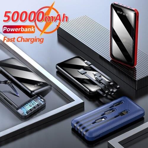 Portable Power Bank 50000mAh with LCD Digital Display LED Flashlight Built-in 4 Cables Portable External Battery Fast Charging