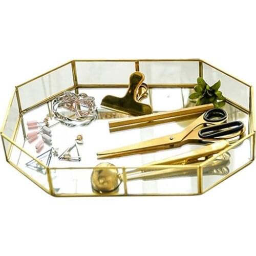 Retro Brass Tray Golden Polygon Glass Makeup Organizer Tray Dessert Snack Plate Jewelry Display Stand Home Kitchen Decor