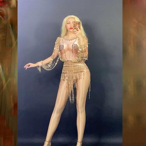 Golden singer nightclub stage costume Pendant Sequin Spandex Bodysuit sexy party Pole Dance Celebrate Outfit