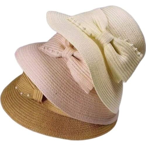2021 New Summer Women Straw Hat Fisherman Ladies Sun Hat Foldable Hats Elegant Pearl Bowknot Female Anti-UV Wide Brim Beach Hat