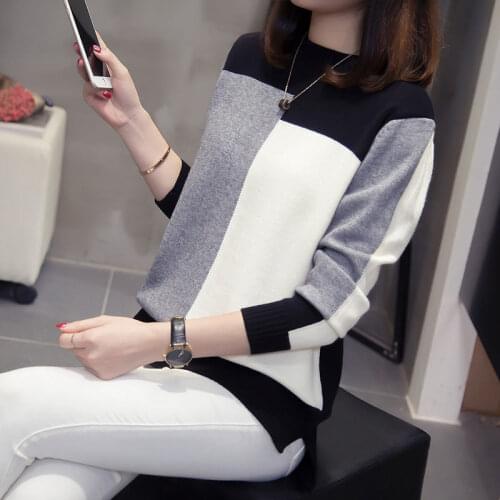 Large Size Womens Sweater 2019 Autumn and Winter New Color Block Pullover Ladies Bottoming Shirt Casual Knitwear Blusa f2247