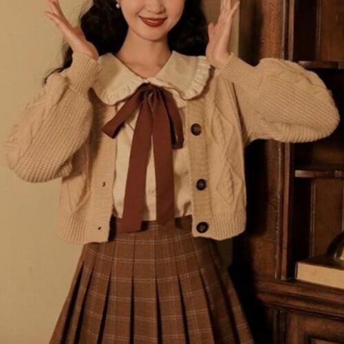 Spring/Autumn Lolita Girl Retro Courtly Style Preppy Mori Girl Lolita Sweet Bow Dress Set Doll Collar Pleated Skirt Lolita Suit