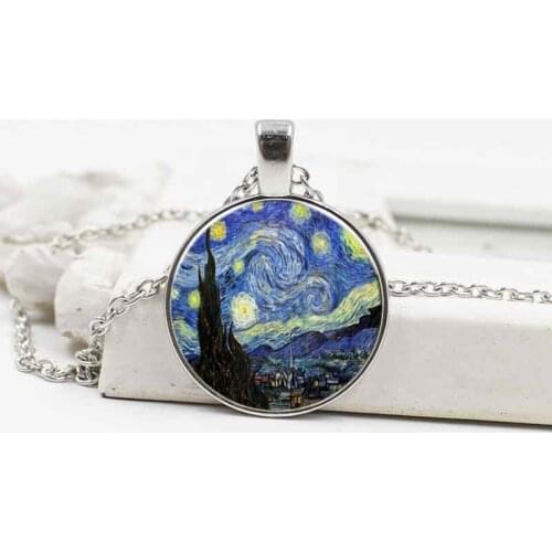 Vintage Van Gogh Star Crystal Glass Pendant Necklace Alloy Jewelry
