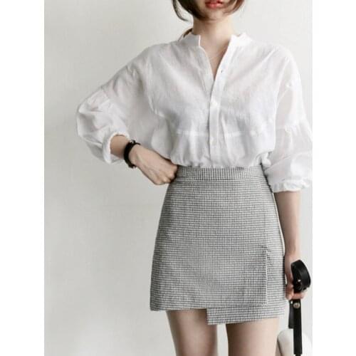 Fall 2019 puff sleeves white blouse womens casual loose mid sleeve v neck shirts ladies office solid fashion blouses