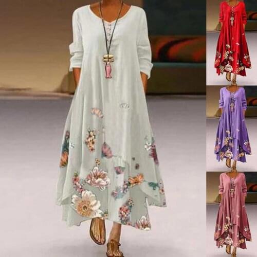 Women Summer Floral Printed Dress Spring Autumn Casual Loose Irregular V-neck Long Sleeve Dress Elegant Party Big Hem Maxi Dress