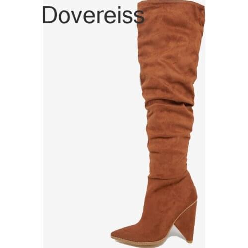 Dovereiss Fashion Womens Shoes Winter New Pointed Toe Sexy Brown Suede Slip On Strange Style Heels Knee High Boots 40 41 42 43