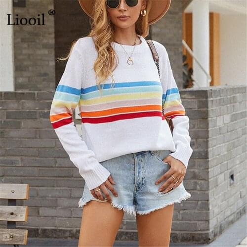 Rainbow Stripped Knitted Sweater Patchwork Color Block Baggy Pullover Casual Long Sleeve Sweater Jumpers Women Autumn Streetwear