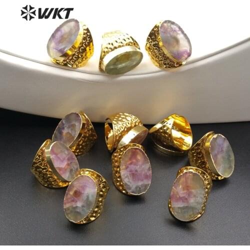 WT-R271 Wholesale Fashion Gold Color Natural Rainbow Fluorite Rings Unique Design Cigar Band Ring For Women Adjustable Size