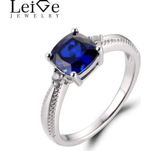 Leige Jewelry Lab Blue Sapphire Gemstone September Birthstone Cushion Cut Prong Setting Engagement Carve Rings For Woman